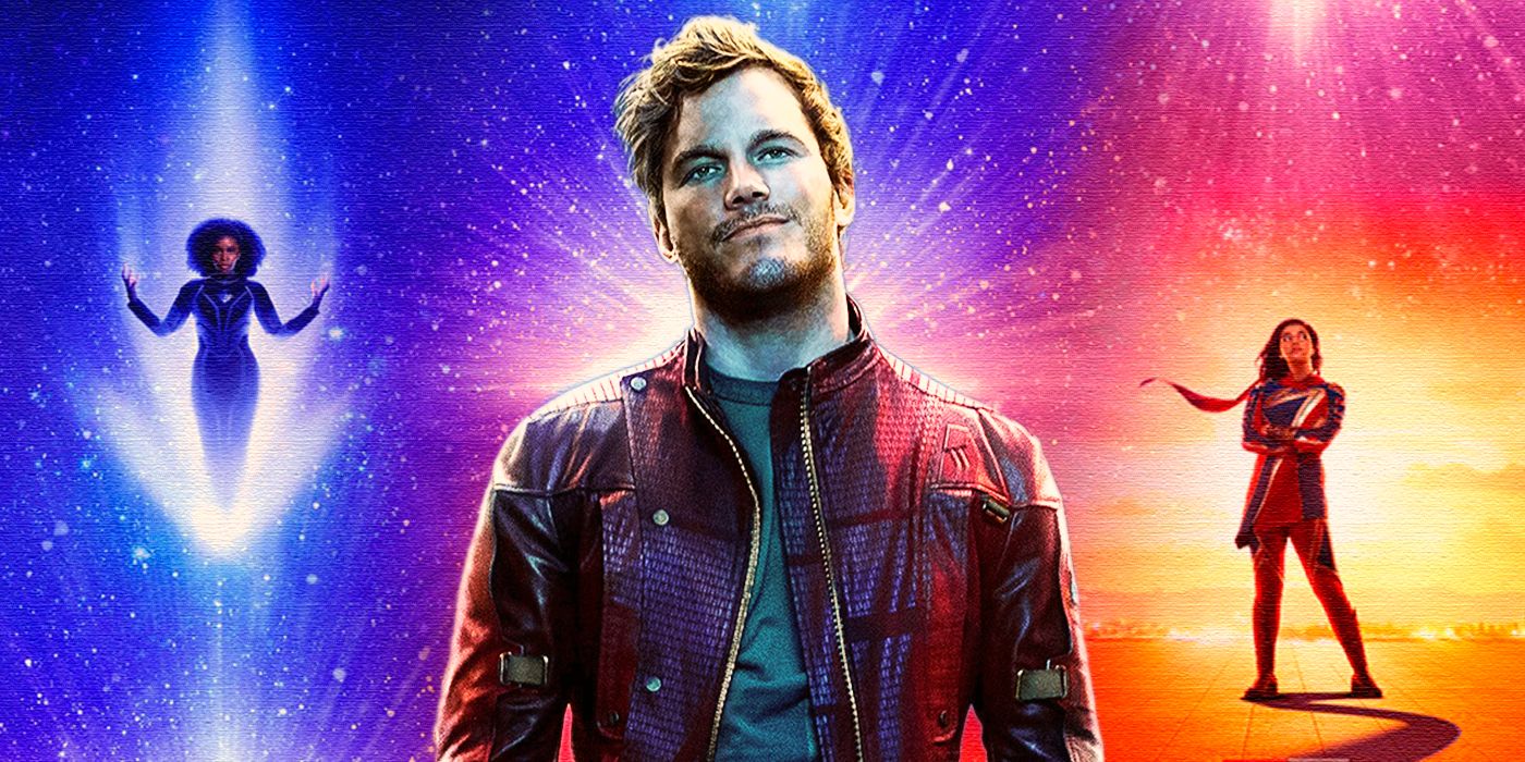 Guardians of the Galaxy's Star-Lord in front of The Marvels' poster.