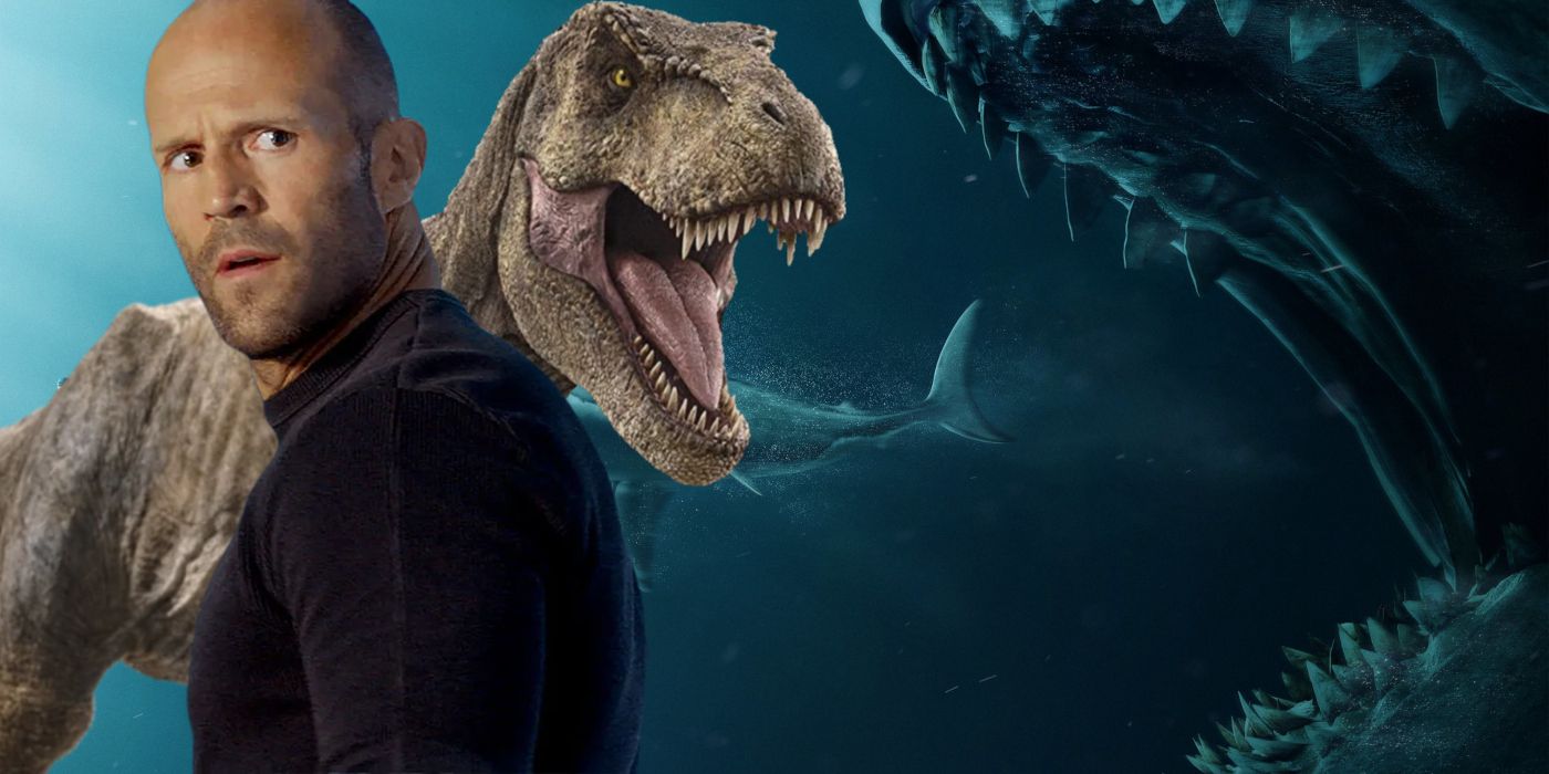A T-rex and The Meg clash behind Jason Statham.