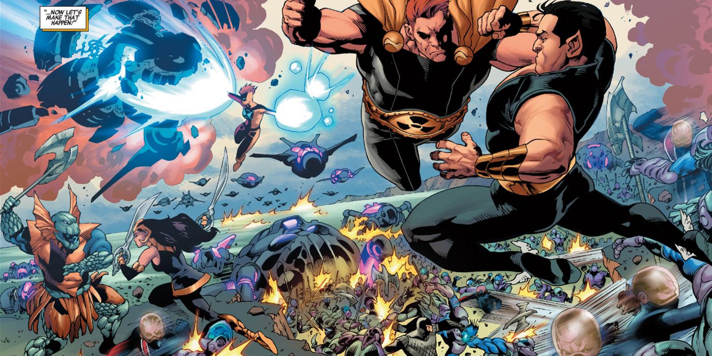 The multiversal Squadron Supreme fighting Namor and his Atlantean army