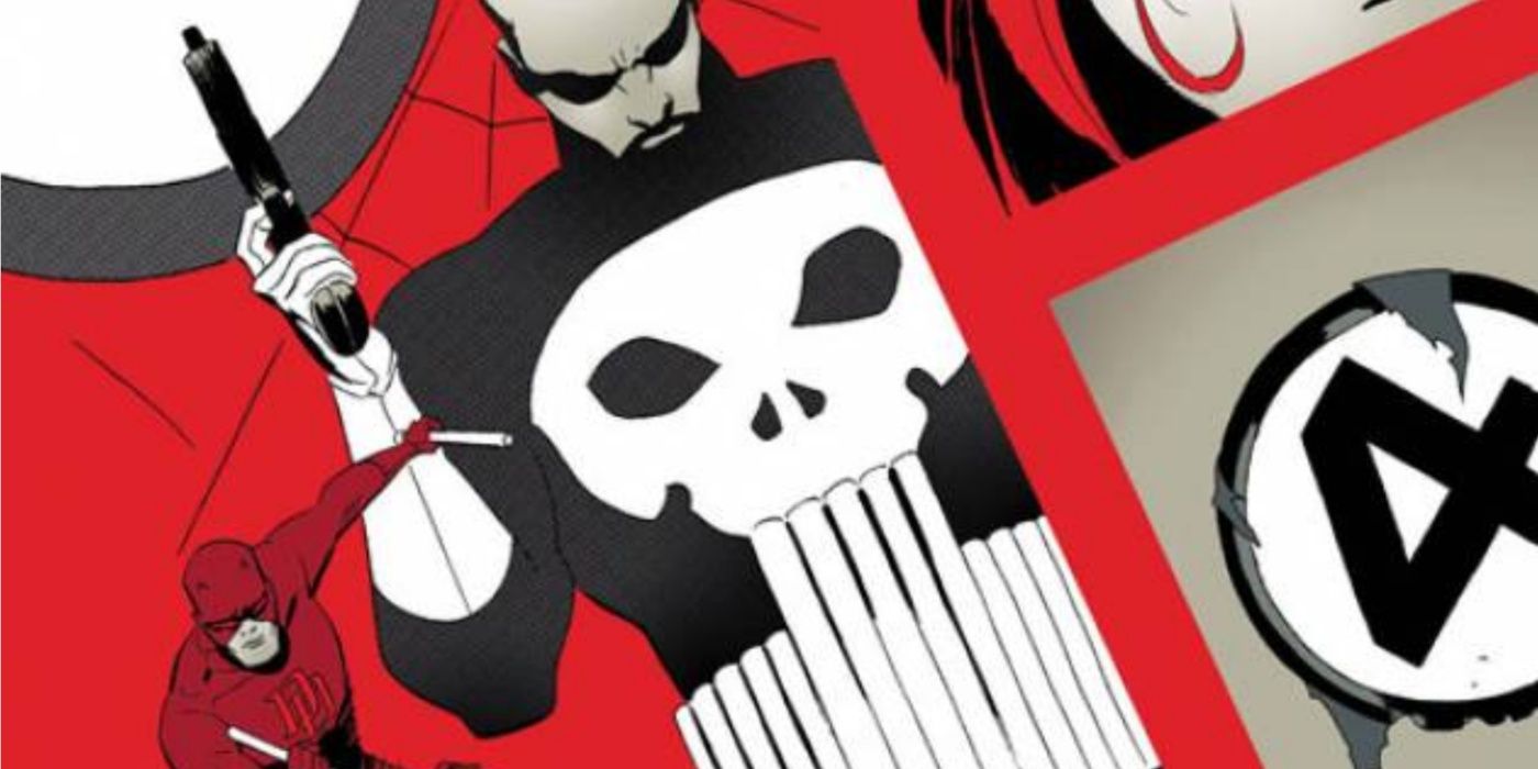 Daredevil, Punisher y otros logos de héroes en la portada de The Omega Effect.