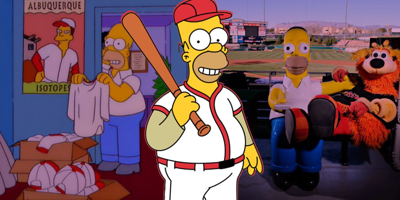 Homer Simpson in baseball uniform in front of an Albuquerque Isotopes version of Homer