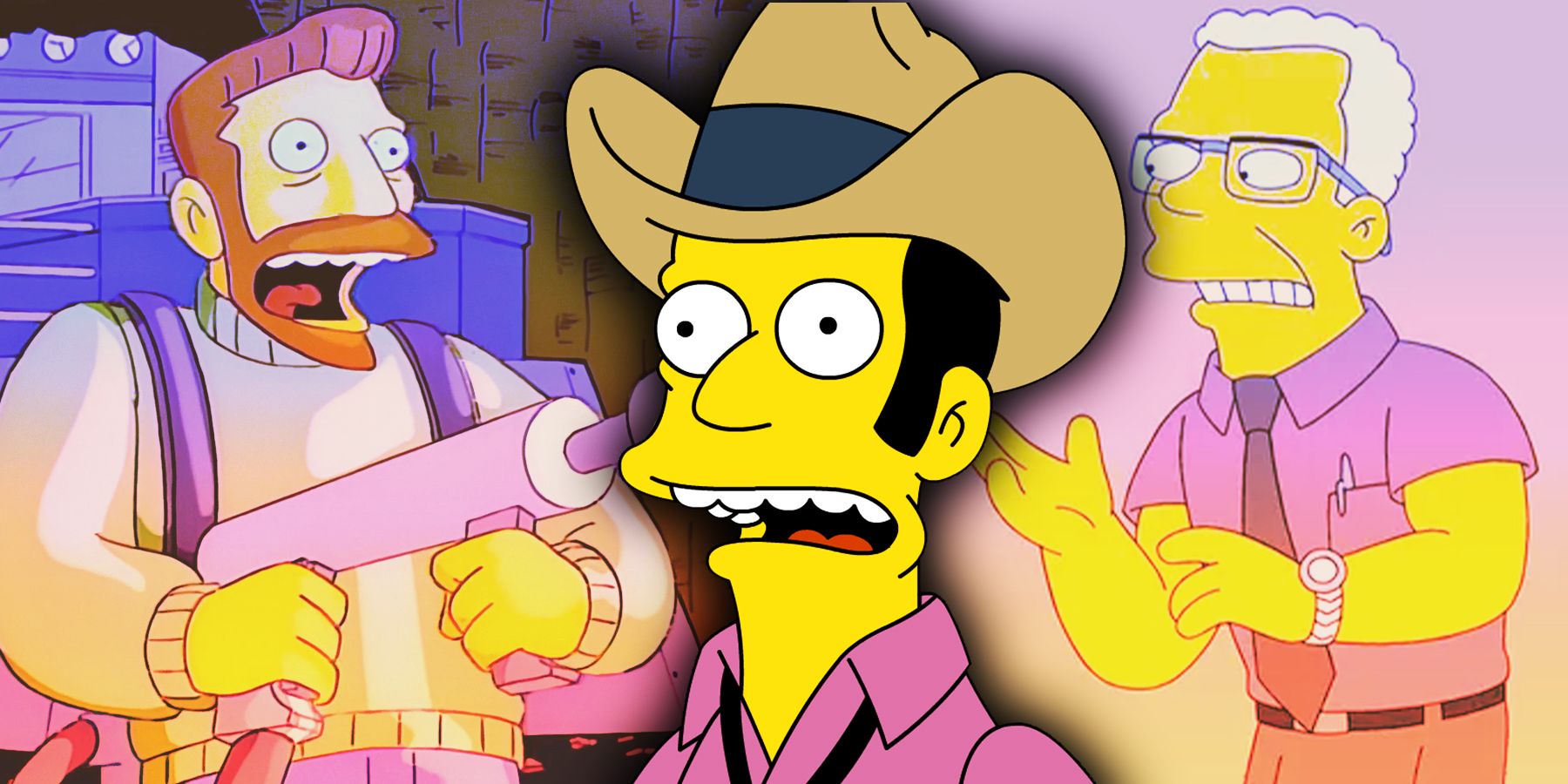 The Simpsons' Hank Scorpio, Cowboy Bob and Dr. Raufbold shown in a montage