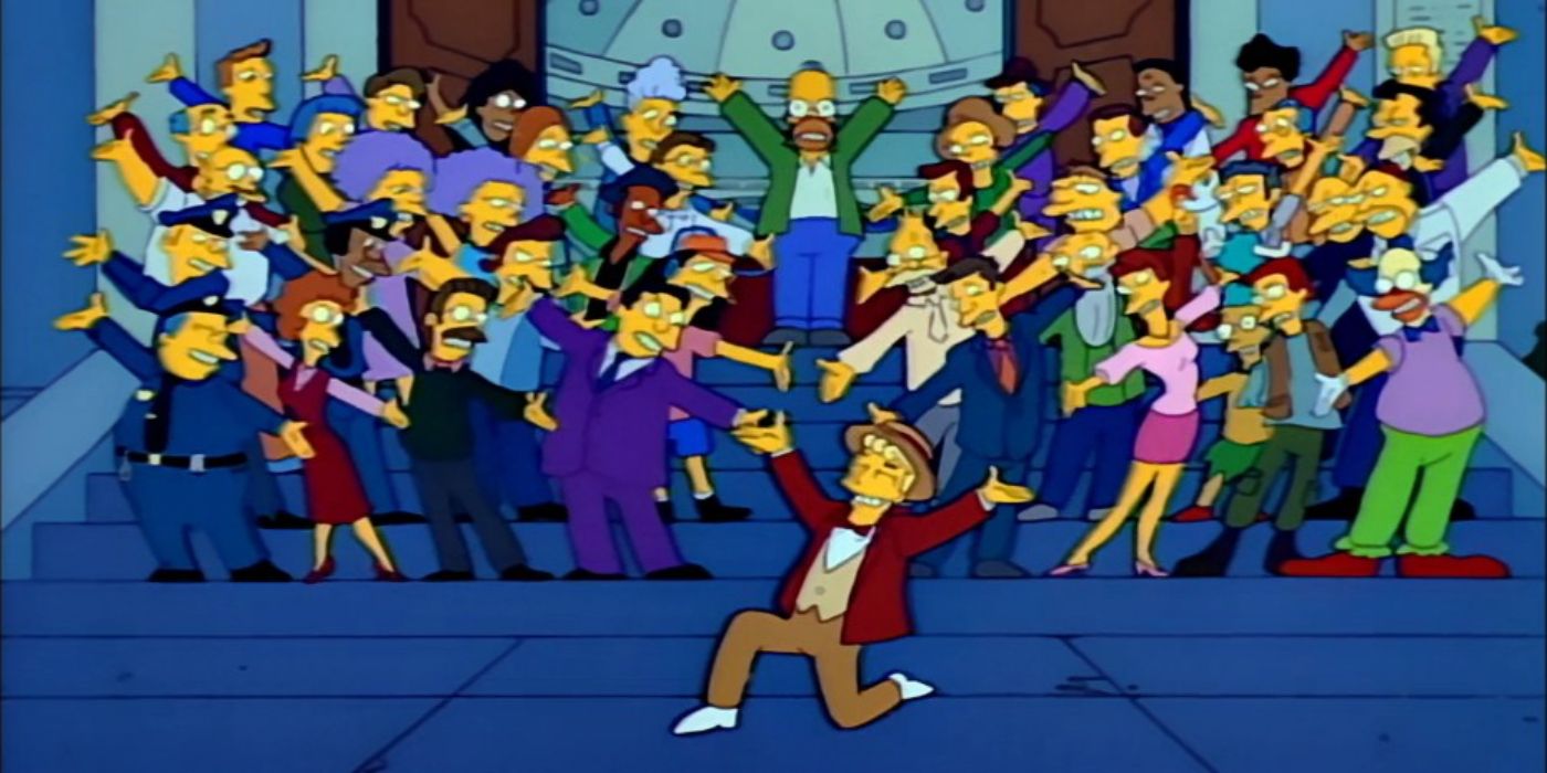 Lyle Lanley canta e dança na frente dos residentes de Springfield no palco em Os Simpsons