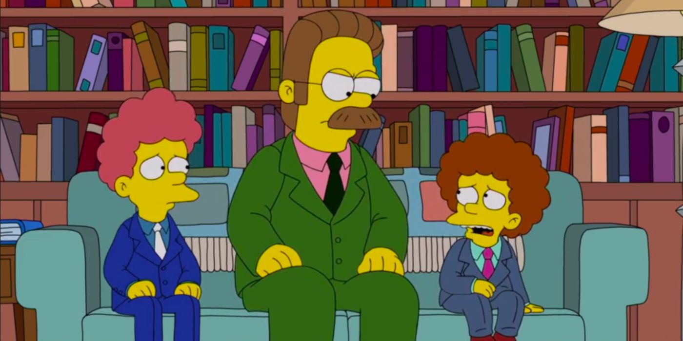 Rod et Todd Flanders des Simpsons sont assis nerveusement sur le canapé avec Ned en costume