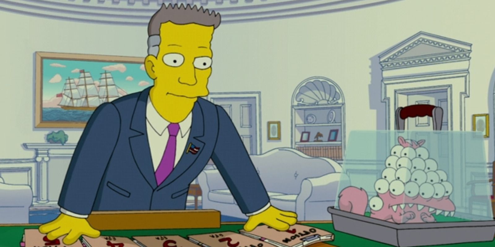 The Simpsons Russ Cargill in the Oval Office with files spread on the President's desk and a multi-eyed squirrel