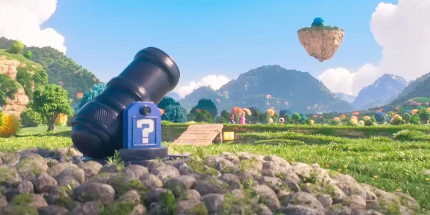 Mario, Peach and Toad walk across Bob-Omb Battlefield in The Super Mario Bros. Movie.