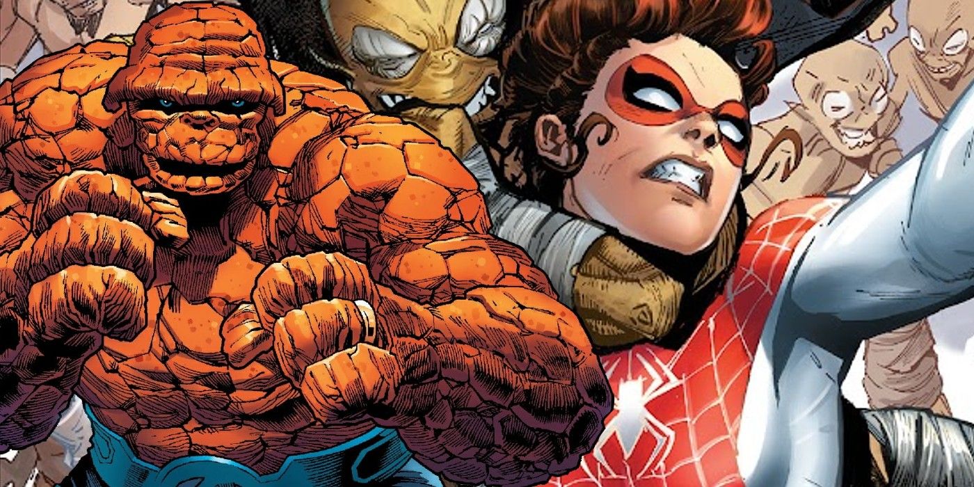 Split image: The Thing and Spinneret in Marvel Comics