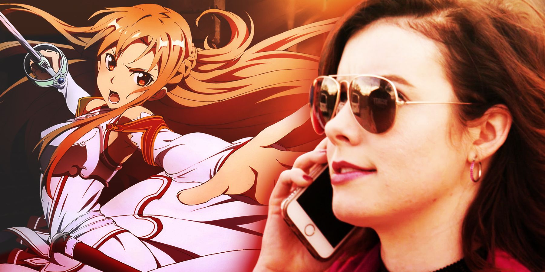 On the left, Asuna Yuuki from 'Sword Art Online' attacks with her sword. Pn the right, Cherami Leigh, Star of 'CONfessionals' and voice for Asuna Yuuki, talks on her phone while wearing sunglasses. 