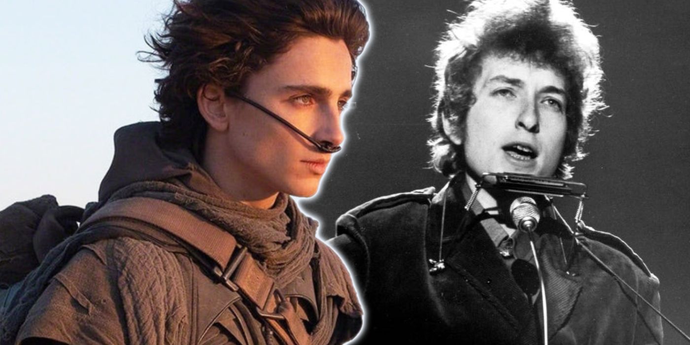 Timothée Chalamet in Dune next to an image of Bob Dylan