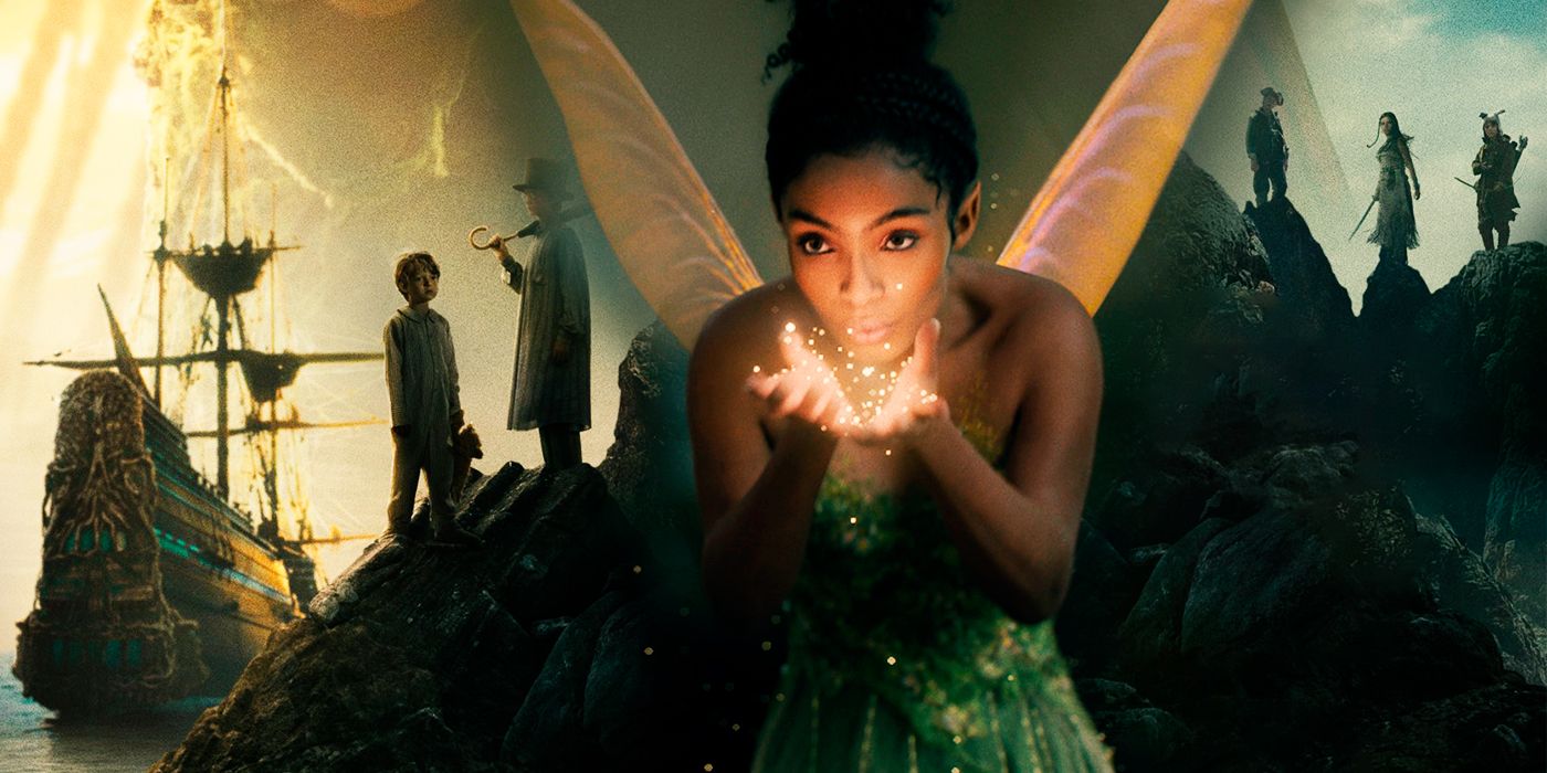 Peter Pan and Wendy's Tinker Bell (Yara Shahidi) blows pixie dust in front of a mountain range and pirate ship.