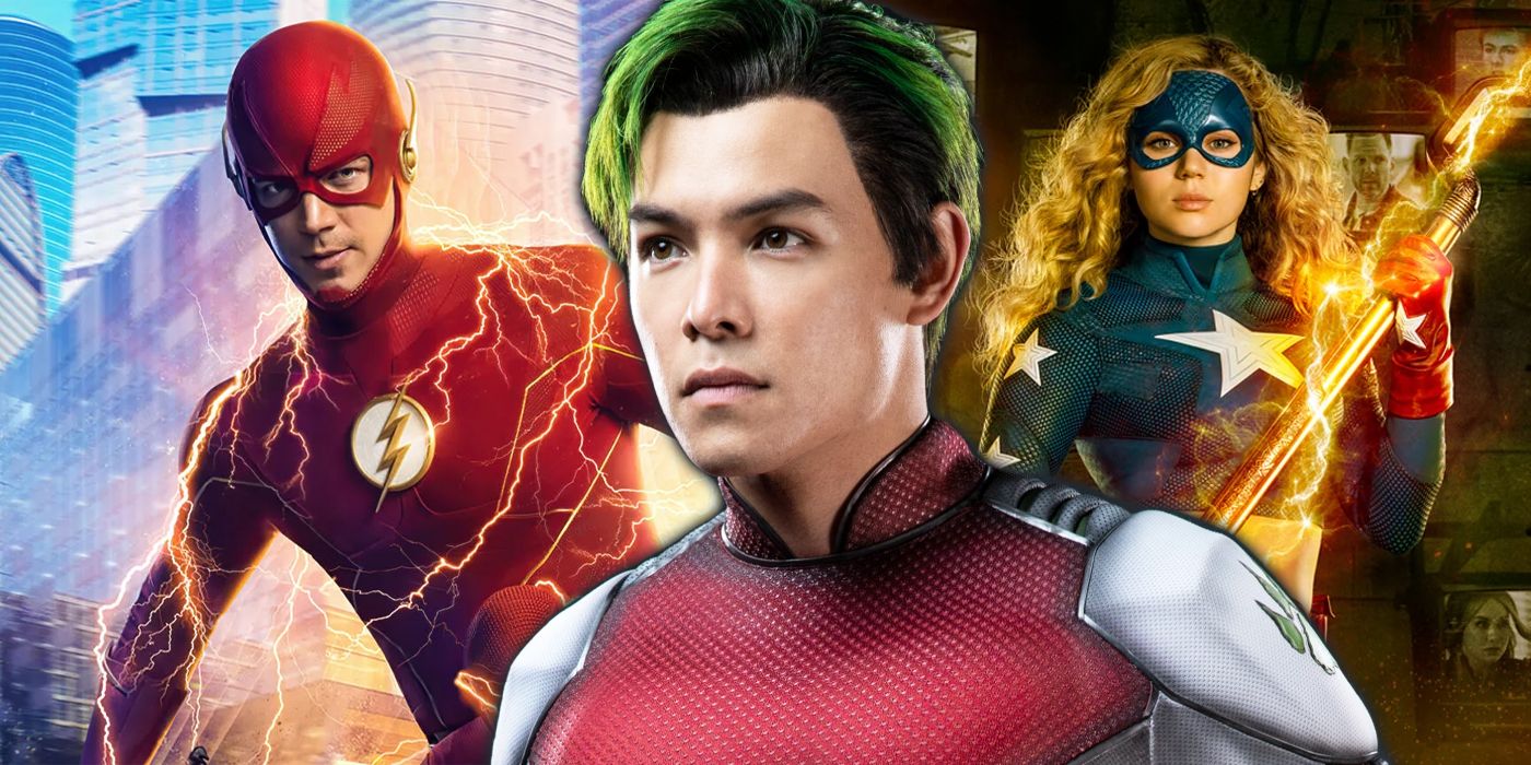 Beast Boy (Ryan Potter) from Titans beside the Arrowverse's Flash (Grant Gustin) and Stargirl (Brec Bassinger).