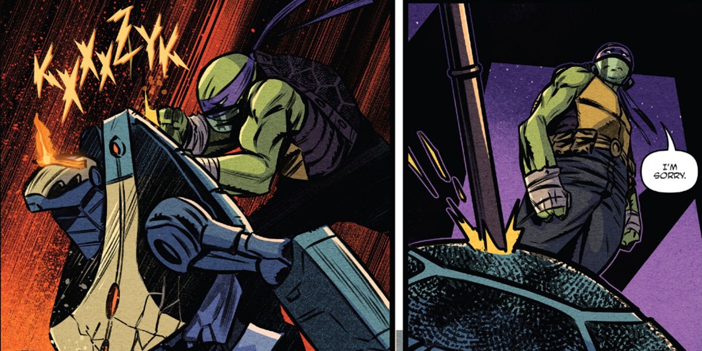 Donatello matando metalhead nas páginas do jogo Armageddon # 7 antes de se desculpar com seu velho amigo que virou corpo que virou inimigo