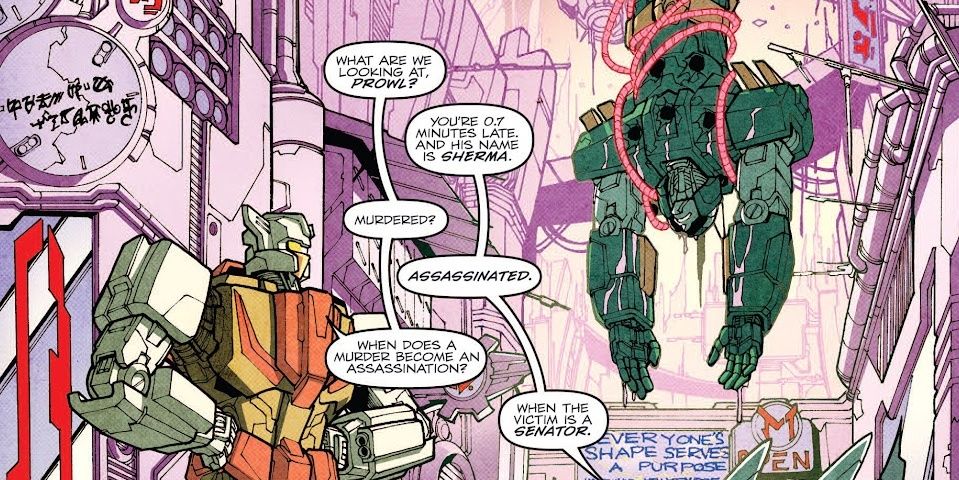 Transformer Chromedome examina o corpo enforcado de um senador em Cybertron