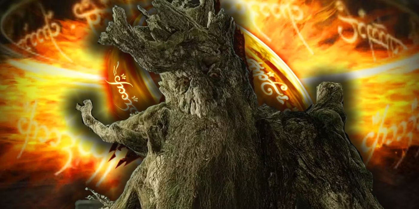 Treebeard from The Lord of the Rings with Sauron's Ring in the background