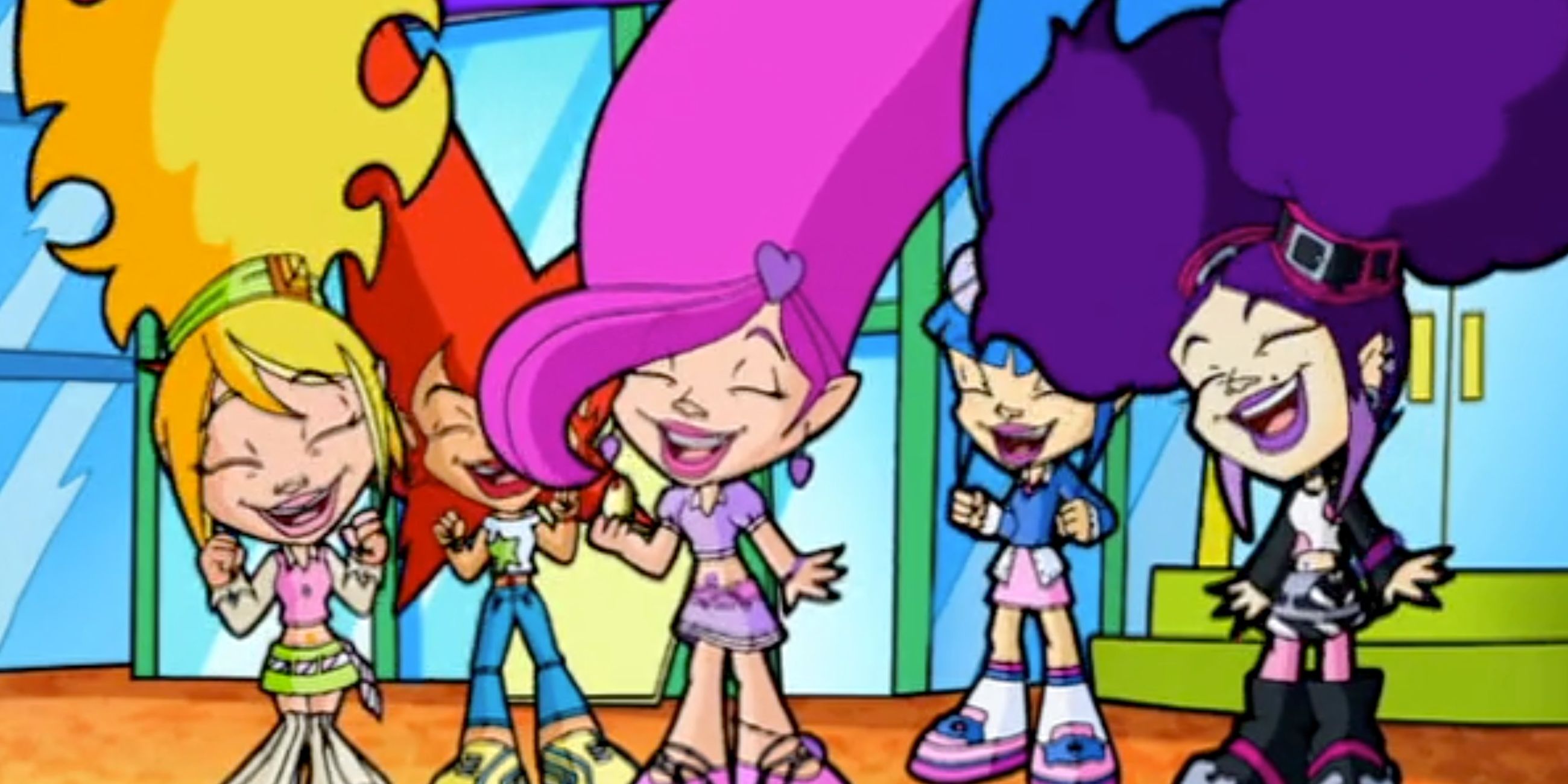 Topaz, Onyx, Amethyst, Opal, and Sapphire posing and smiling in the Trollz cartoon.