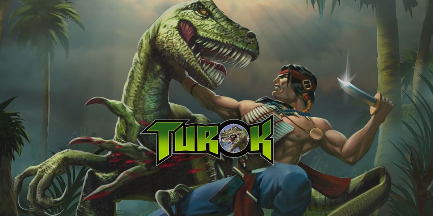 Arte promocional de Turok: Dinosaur Hunter apresentando Turok lutando contra um raptor.