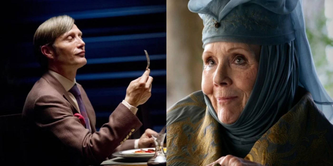 Split image showing the characters Hannibal and Olenna