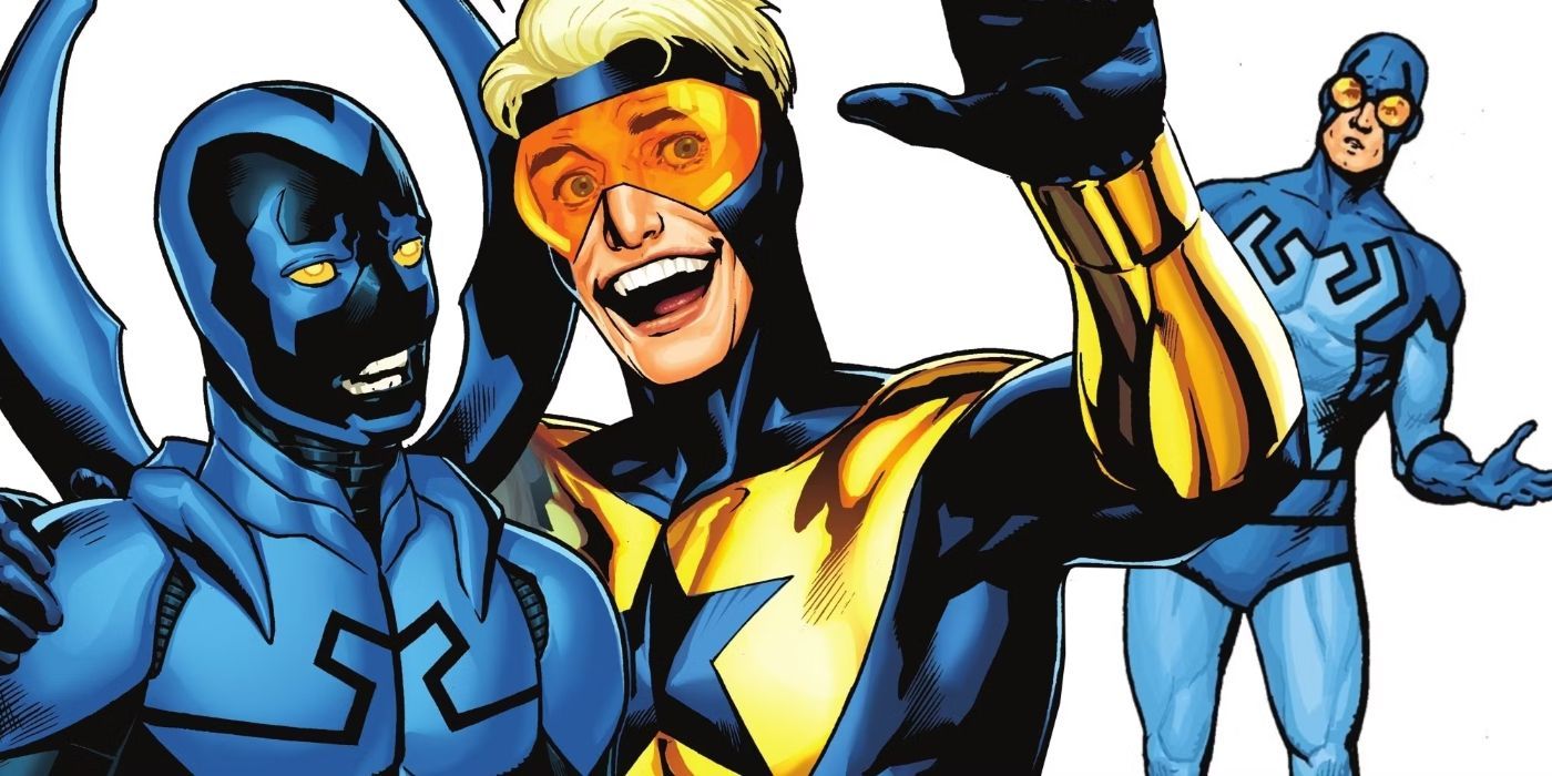 Booster Gold com o braço em volta de Jaime Reyes enquanto Ted Kord se pergunta o que está acontecendo