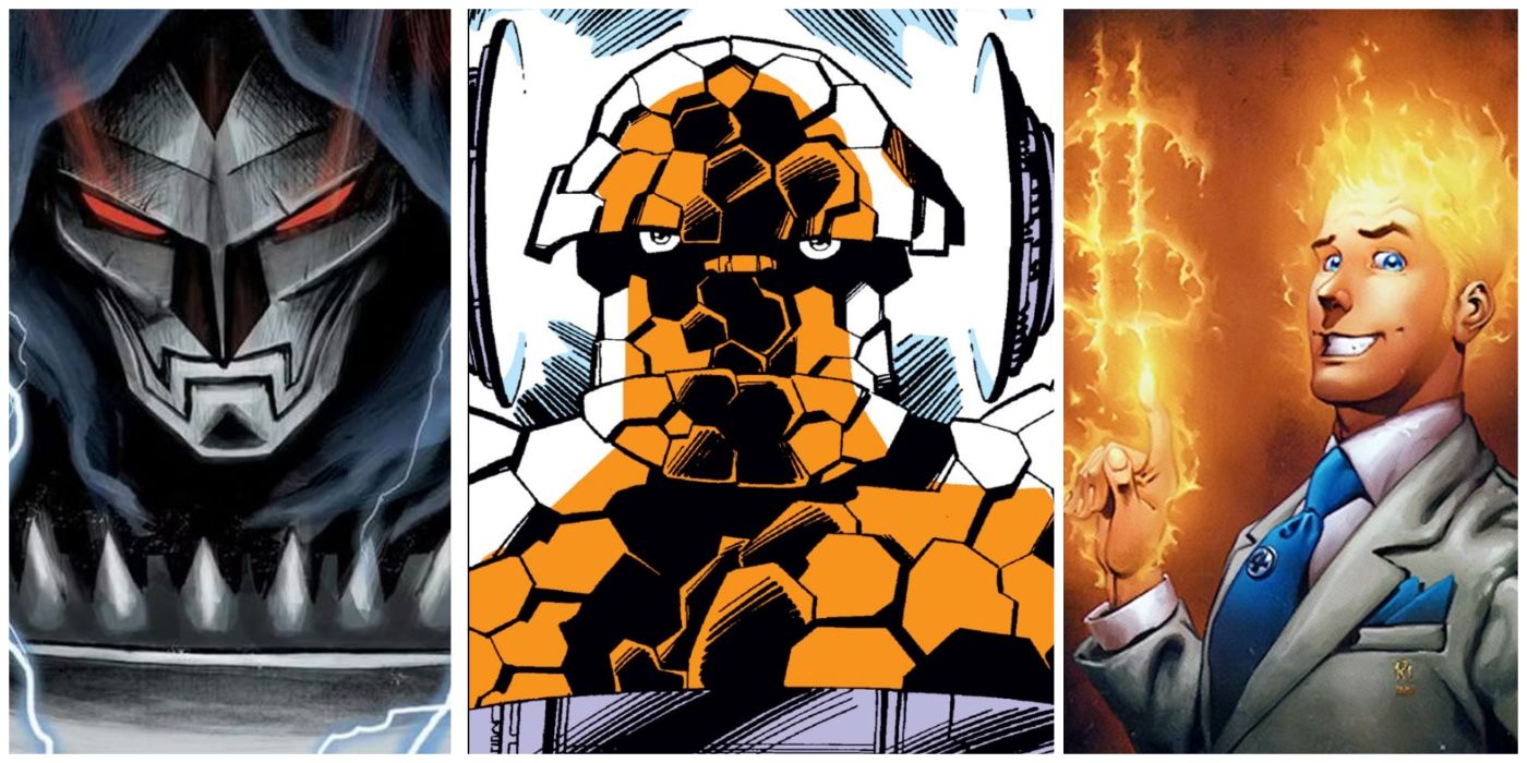 Split Image of Doom 2099, Thing being cured, and Johnny Storm with flame dollar sign