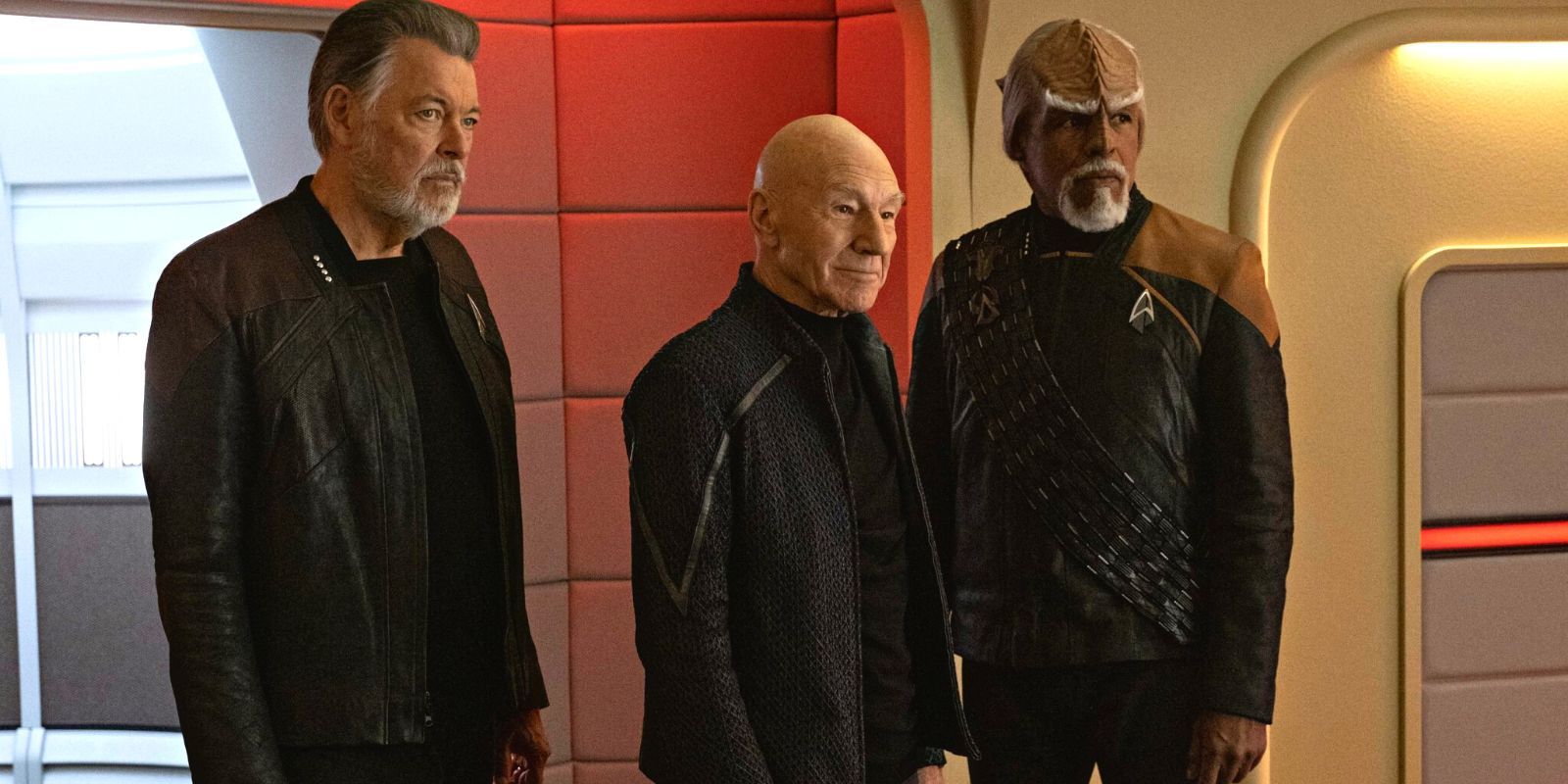 Jonathan Frakes, Patrick Stewart and Michael Dorn in costume on the set of Picard