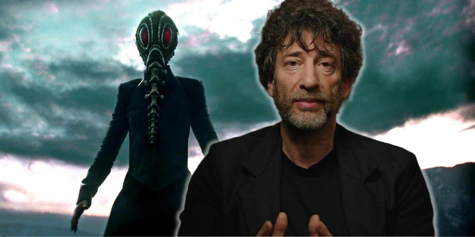Neil Gaiman posing alongside Morpheus, who's currently wearing his helm