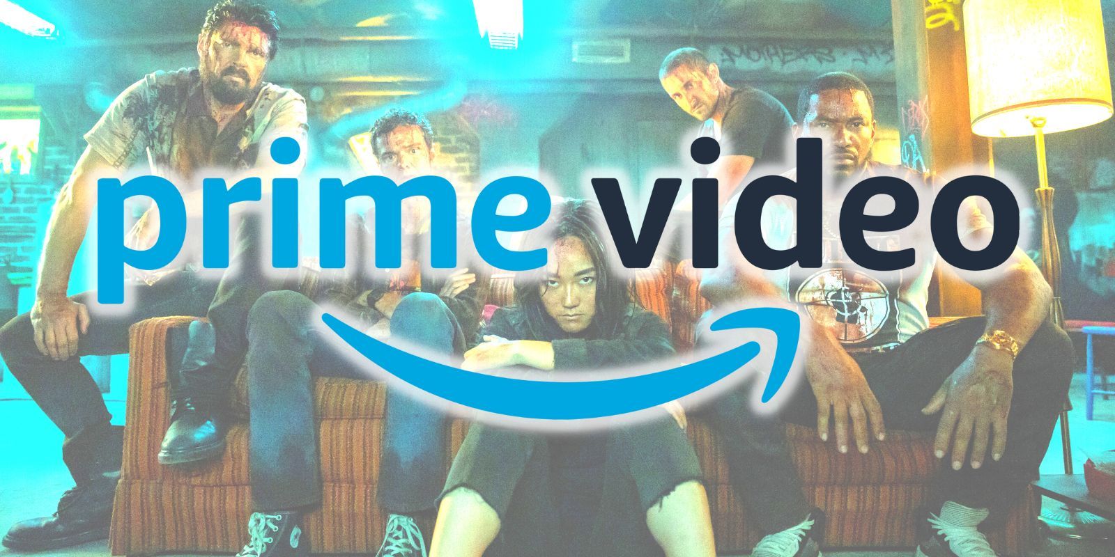 The cast of The Boys sitting on a couch looking through the Prime Video logo