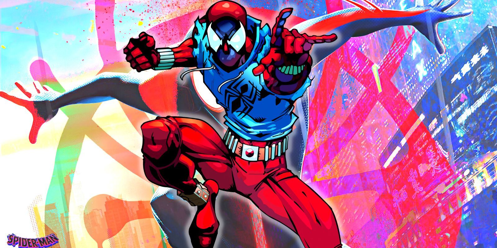 The Scarlet Spider leaping into action followed by Miles and Spider-Man 2099