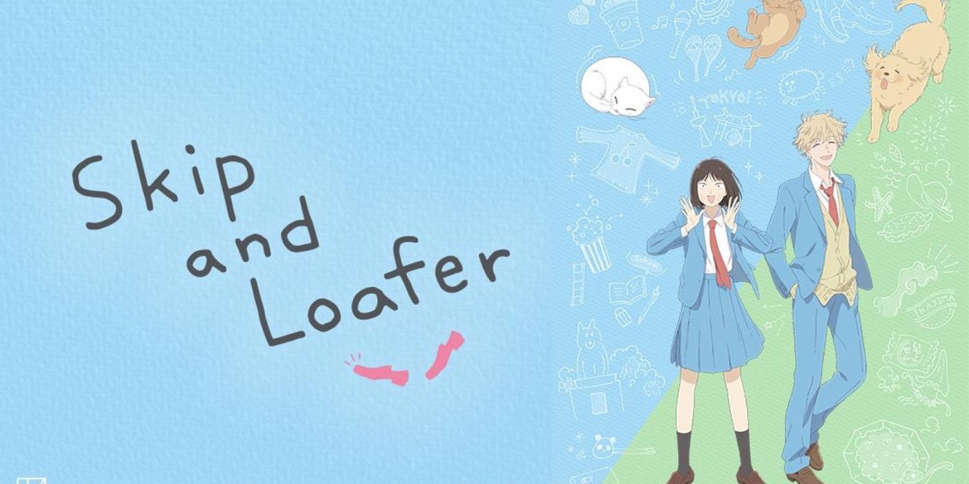 Skip and Loafer title promo image - Mutsumi Iwakura and Sousuke Shima with pets