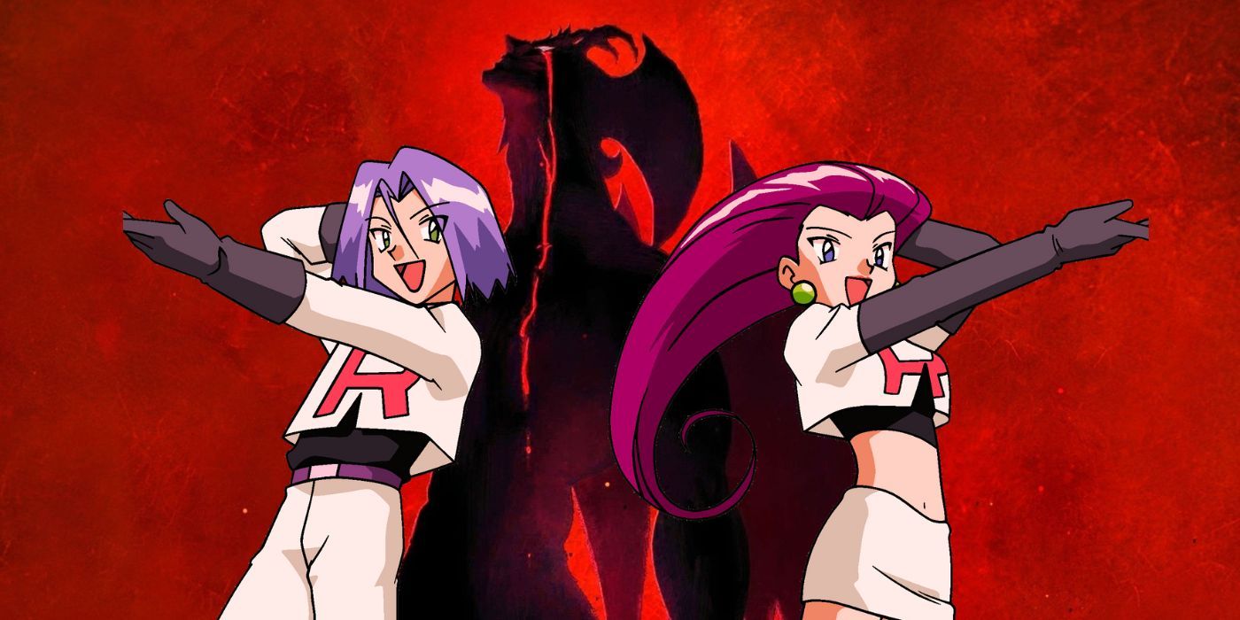 Foreground: Jessie and James from Pokemon in their classic pose. Background: Silhouette of Devilman Akira Fudo crying blood from Devilman Crybaby