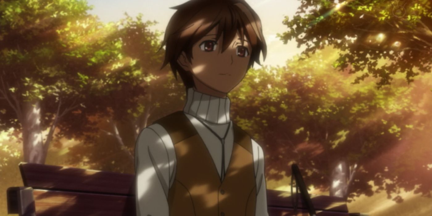 Shu Ouma in Guilty Crown sits on a park bench with a walking stick, looking into the middle distance