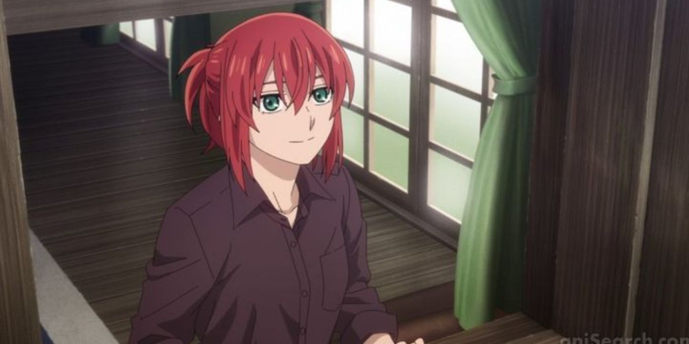 Chise Hatori looking out a window and smiling in Ancient Magus' Bride