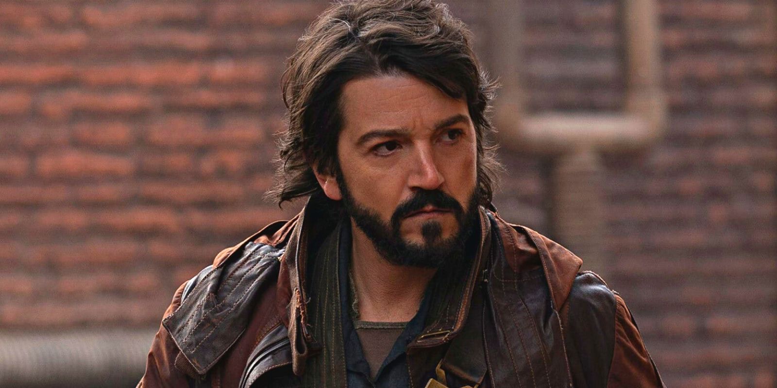 Cassian Andor looking to the right in front of a brick wall