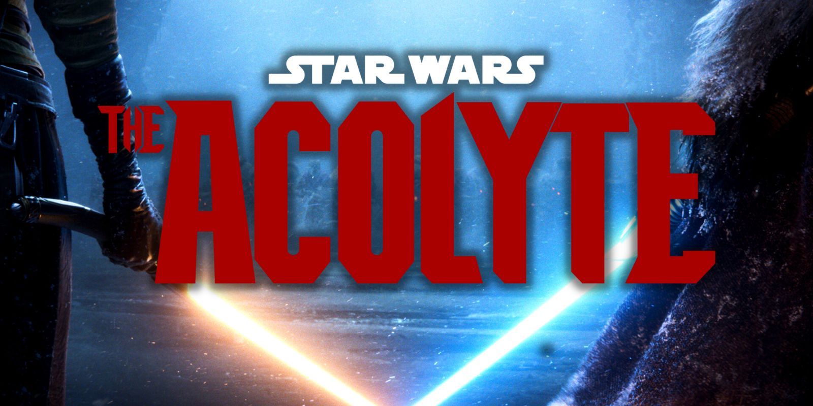 Star Wars: El logo de Acolyte encima de un sable de luz amarillo y azul