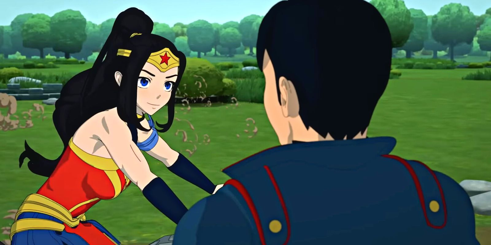 An anime version of Wonder Woman smiling at Superman while riding a bike in a wide open field