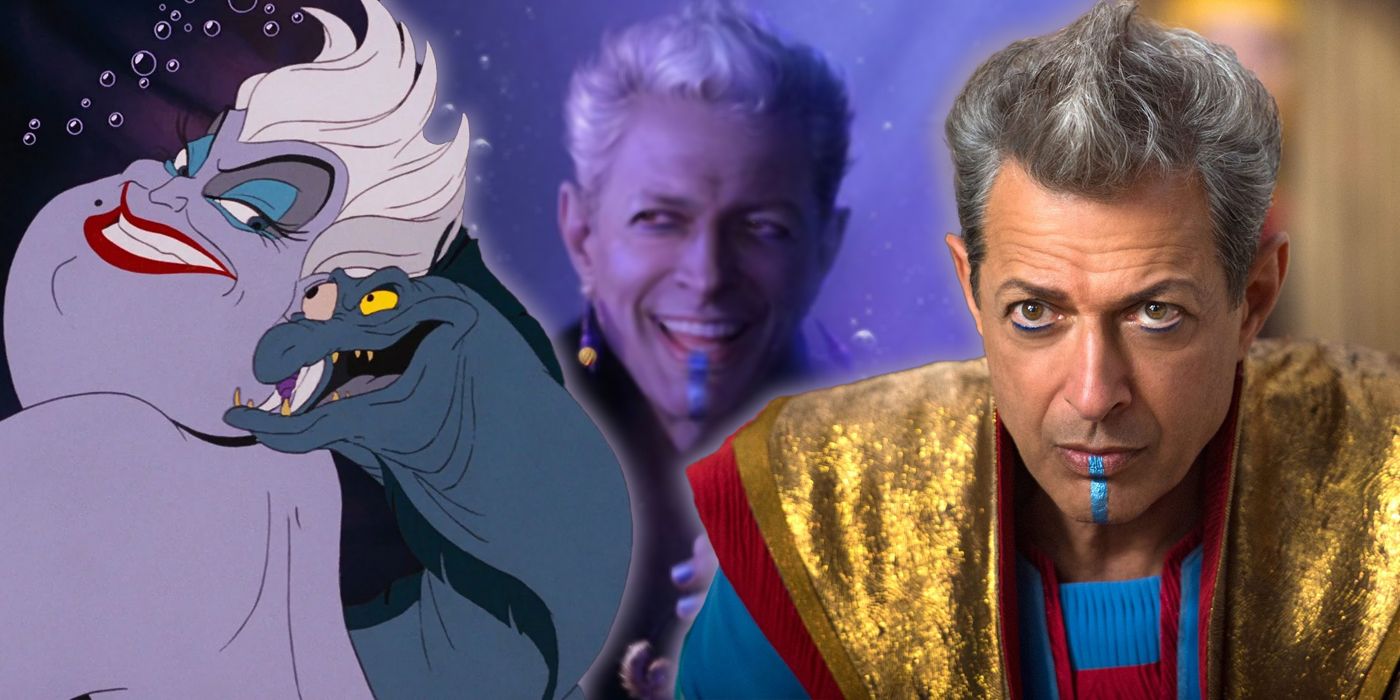 Ursula with one of her eels beside Jeff Goldblum's Grandmaster staring menacingly, with Grandmaster/Ursula in the background.