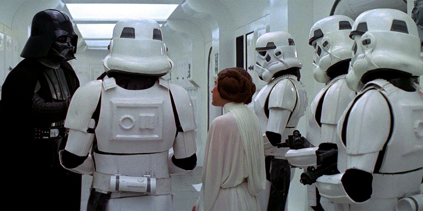 Darth Vader and his Stormtroopers capture Princess Leia in the opening scenes of Star Wars: A New Hope