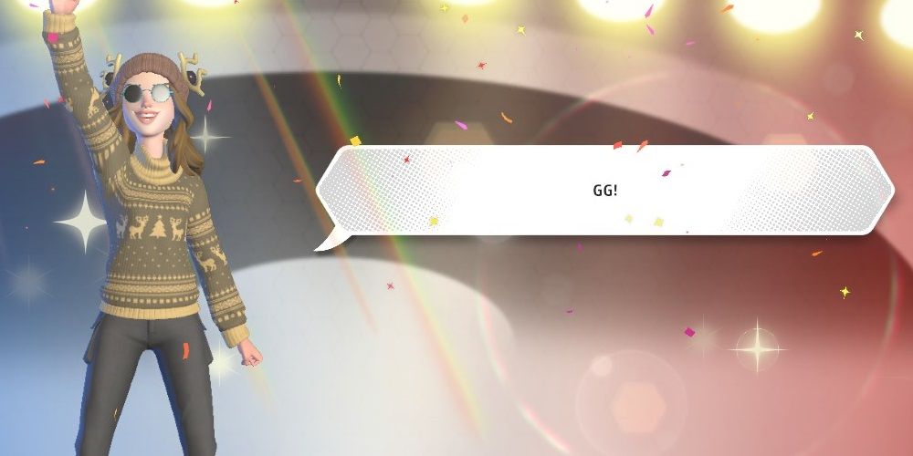 Tela de vitória no Pokemon TCG Live, mostrando falha nos óculos