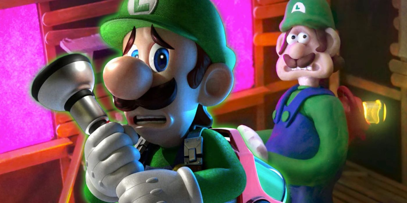 Luigi from Super Mario Bros over claymation Wallace and Gromit-style Luigi's Mansion scene
