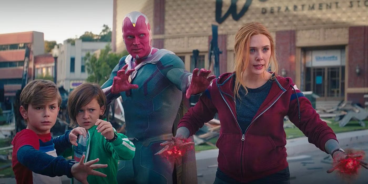 Billy and Tommy Maximoff prepare to fight Agatha Harkness alongside their parents, Vision and Scarlet Witch, in the WandaVision series finale.