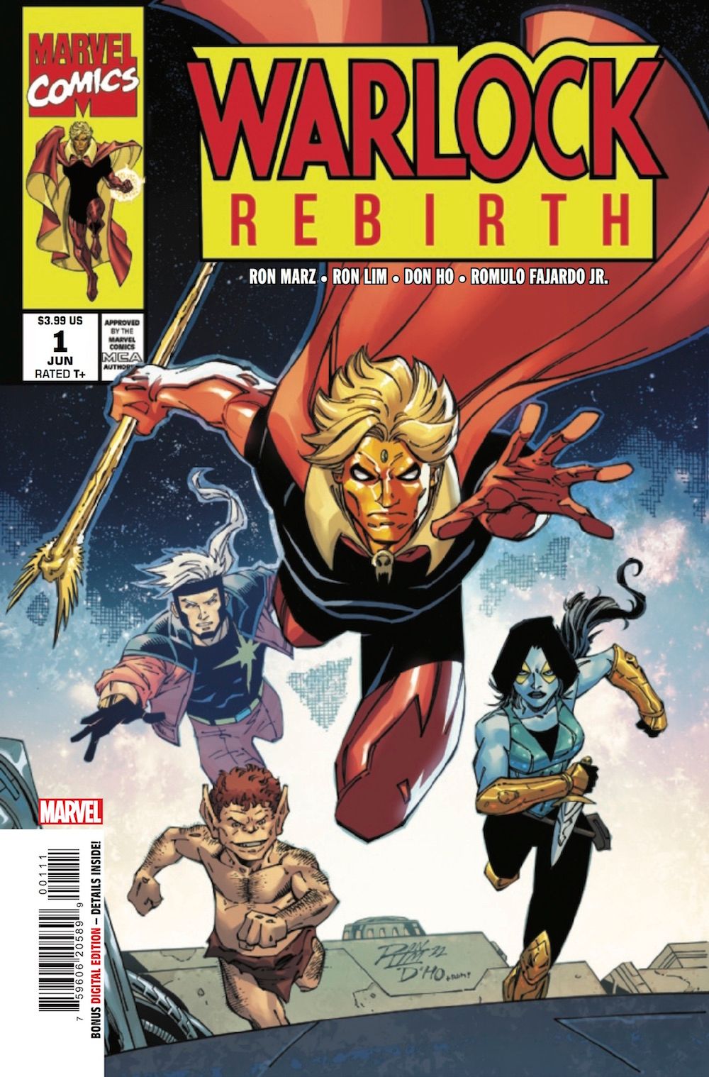 Warlock Rebirth Cover avec Adam Warlock, Pip, Gamora et Legacy en cours d'exécution