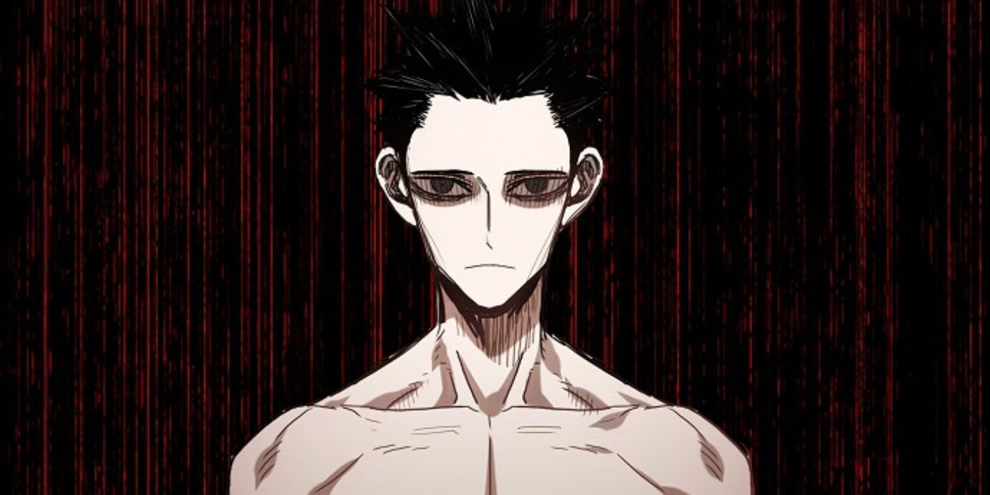 The main character from The Boxer Manhwa shirtless standing in front of a red and black striped background.