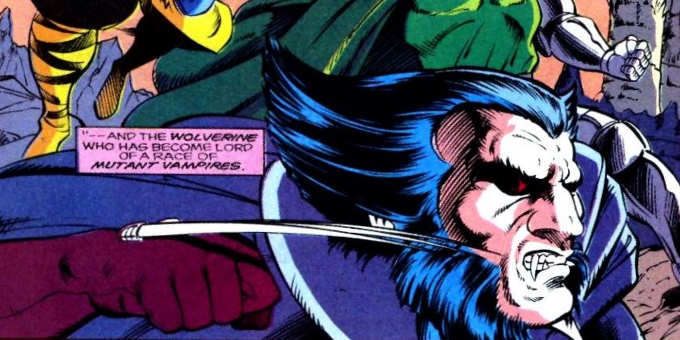 Vampírico Wolverine desembainhando suas garras enquanto a narração explica que ele é o senhor dos vampiros