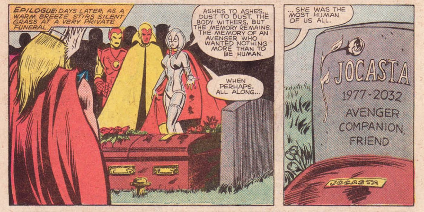 Os Vingadores assistem a um funeral para Jocasta que morreu no corpo da Feiticeira Escarlate