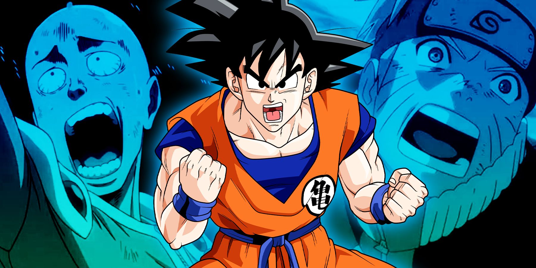 DBZ's Goku striking a fighting pose with Saitama and Naruto on either side of him.