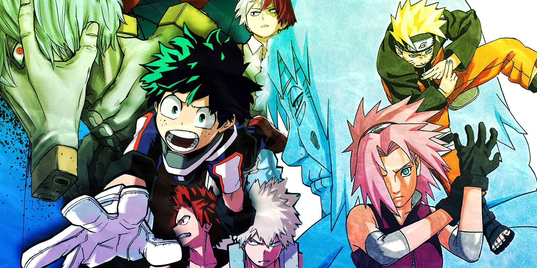 Manga covers from My Hero Academia and Naruto.