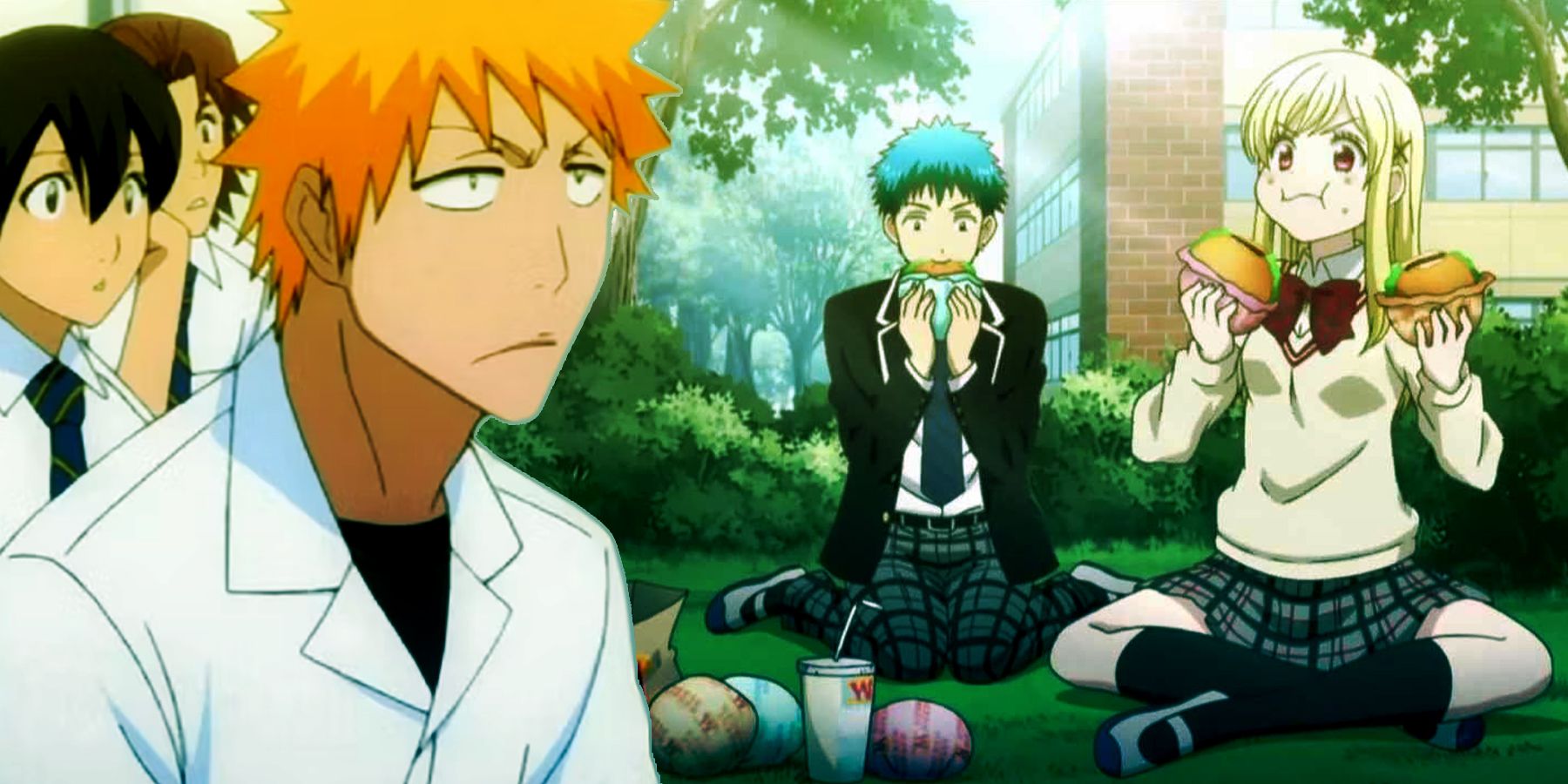 On the left, Ichigo of 'Bleach' sits in class with fellow students, looking exasperated. On the right, Ryu and Urara of 'Yamada-Kun and the Seven Witches' sit on the grass and enjoy fast food.