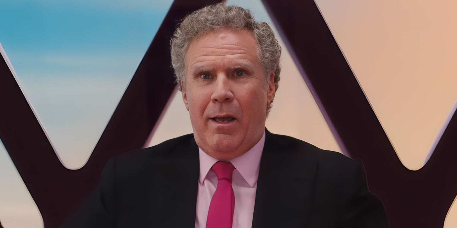 Will Ferrell looking surprised as Mattel's CEO in Barbie.