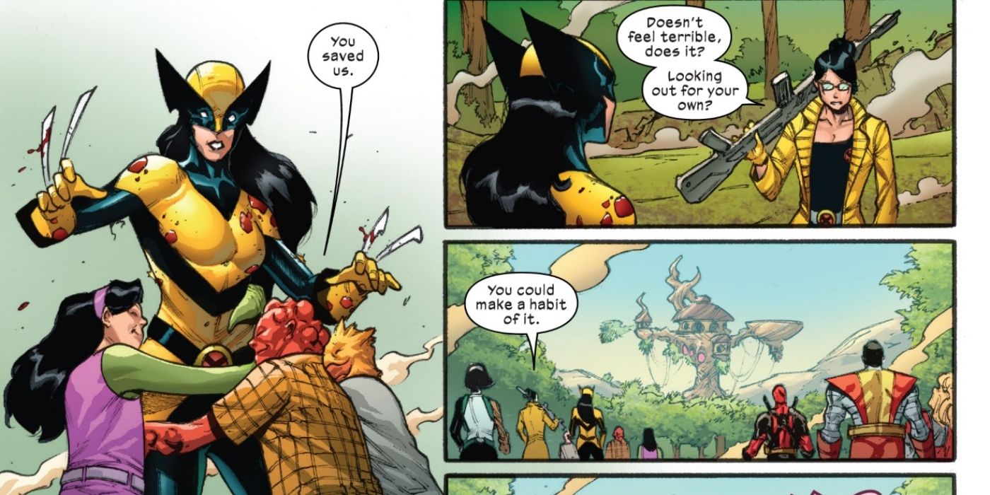 Wolverine é abraçado por crianças depois de salvá-las.