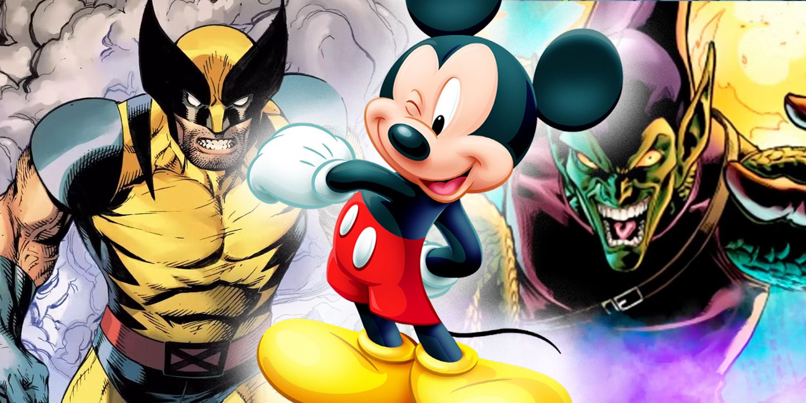 A collage featuring Marvel Comics' Wolverine and Green Goblin with Disney's Mickey Mouse inbetween them.