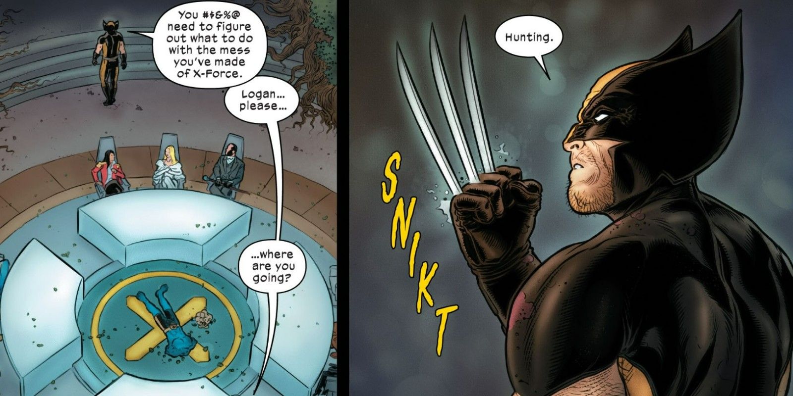 Wolverine diz ao Conselho Silencioso que vai caçar em Wolverine (Vol. 7) # 32 da Marvel Comics